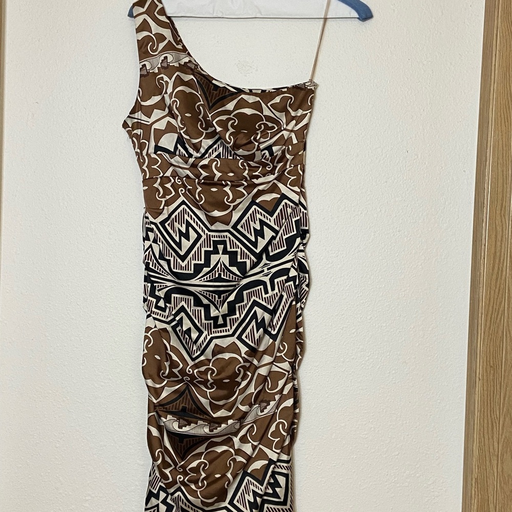 Index One Shoulder Brown Patterned Dress